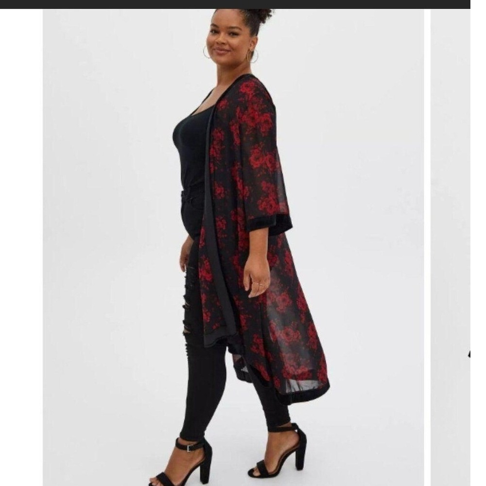 Torrid Red Rose Floral Chiffon Velvet Trim Longline Kimono Wrap Black Size 2